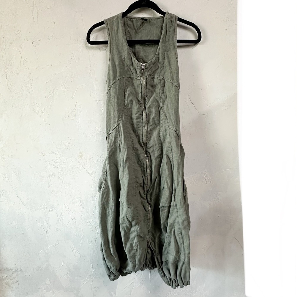 Inizio Olive Green Linen Zip Front Midi Dress Size Womens Small Lagenlook Beach